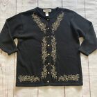 Chrysanthememe Woman 14 16 Black Beaded Button Cardigan Sweater Embroidered Gold