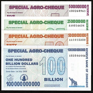 Set of 4 Zimbabwe 5 to 100 Billion Dollars Special Agro-Cheque 2008 Notes UNC - Picture 1 of 6