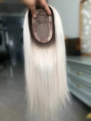 Toppers de cabello virgen brasileño rubio platino enraizado base seda 16" 3x5" Foto 1 de 4