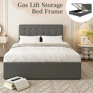 Double Bed Frame with Headboard Gas Lift Up Storage Platform Wooden Mattress - Picture 1 of 9