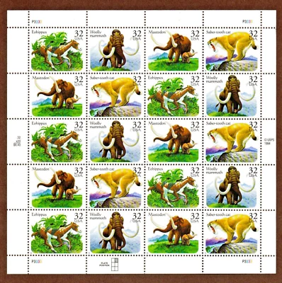 U.S. #3077-3080 MNH, PREHISTORIC ANIMALS SHEET, 32 Cent X 20 EA, FV $6.40 (1994) - Image 1 of 2