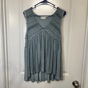 Altar’d State Faded Slate Blue Boho Lace Trim Babydoll V Neck Tank - Women SMALL - Picture 1 of 9