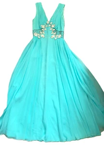 Vtg Mike Benet Aqua 60s Formal Beaded Chiffon Layer Goddess Gown Dress Minor TLC - Picture 1 of 22