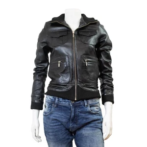 Feminin Touch Women's Black Distressed Leather Slim Fit Bomber Biker Jacket - Picture 1 of 6