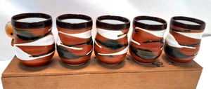 Vintage Japanese Pottery Sake Cup Set Tea Ceremony SET OF FIVE Wood Box #14 - Picture 1 of 11