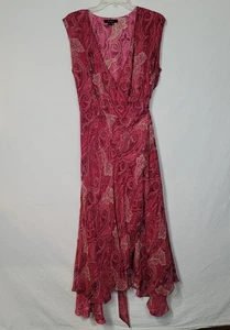 ECI New York 100 % Seide Kleid rosa Paisley Boho Damen 14 Volant Maxi Wickeloptik Y2K - Bild 1 von 11