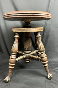 Antique Piano/Organ Stool W/claw Feet Holding Green Glass Balls - Picture 1 of 15