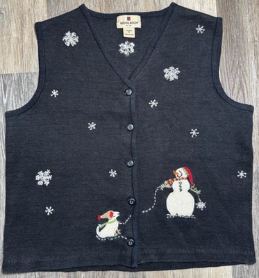 Vintage Woolrich Christmas Holiday Vest Women's Medium Snowman Snowflakes Black - Image 1 of 4