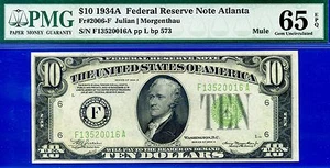 1934A $10 Federal Reserve note PMG 65EPQ Atlanta mule Fr 2006-F - Picture 1 of 2