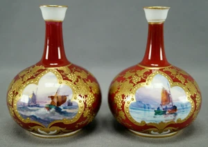 Pair of Royal Crown Derby Signed WD Boat Scene Beaded Gold & Red Miniature Vases - Picture 1 of 12