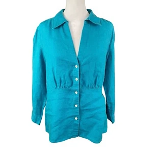 Talbots 14 Pure Irish Linen Button Up Top Blouse Turquoise 3/4 Sleeve V-neck - Picture 1 of 12
