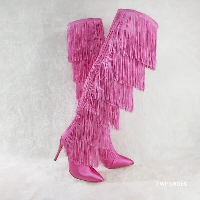 Gogo Fringed Thread Tassle OTK Thigh High Pink Satin High Heel Boots - Image 1 of 4
