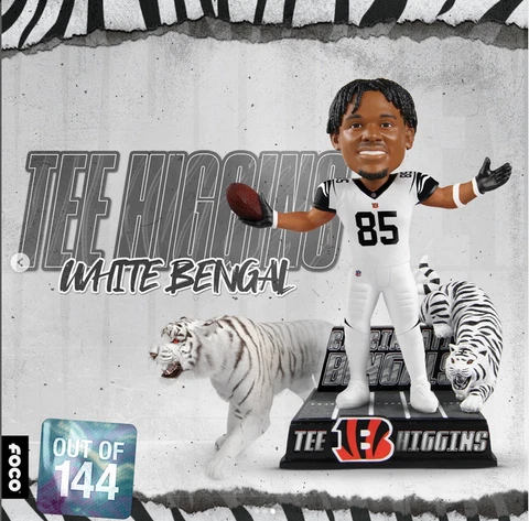 Tee Higgins Cincinnati Bengals White Tiger Bobblehead! NIB IN Hand! Ltd Ed 144 Cover
