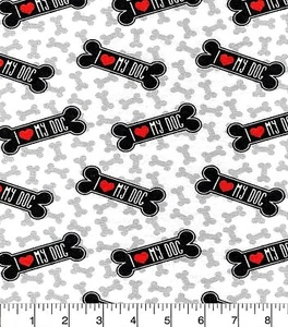 HOLIDAY BLACK DOG BONES & RED HEARTS ON GREY 100% COTTON FLANNEL FABRIC 42X36" - Picture 1 of 2