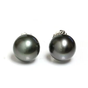 Orecchini a perno perle dei mari del sud di Tahiti 15,5 mm oro bianco nero 14 kt - Foto 1 di 4