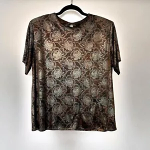 vintage 80s paisley metallic silver rose pattern top glam goth notations sz 14 P - Picture 1 of 8
