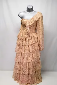 Ulla Johnson Hazel Silk Tan Ruffle Glitter Tiered Dress XS 0 SAMPLE One Shoulder - Picture 1 of 7