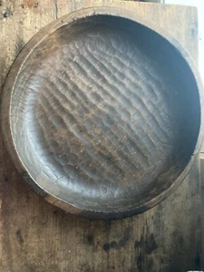 Nice 19” Antique 19th C Hand Hewn Large Wooden Dough Bowl Wrought Iron Repair - Picture 1 of 10