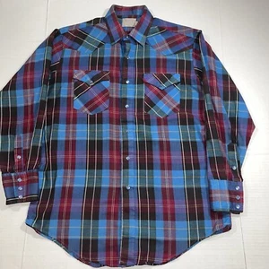 Vtg 70s H Bar C Ranchwear Western Shirt Pearl Snap Longtail Blue Plaid Men 16.5 - Picture 1 of 12
