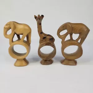 Vintage Set 3 handgeschnitzte afrikanische Safari Tier Holz Serviettenringe Giraffe Elefant - Bild 1 von 18