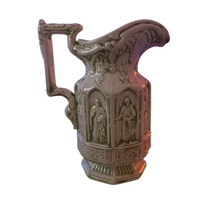 Vintage Religious Motif Pitcher Embossed Saints Off White Cream Ceramic Decor 8" - Picture 1 of 5
