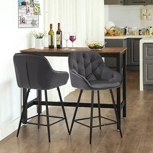 2x Bar Stools Grey Velvet Breakfast Stool Metal Base Footrest 65 cm Padded Seat - Picture 1 of 20