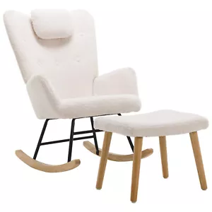 Schaukelstuhl mit Hocker Relaxsessel gepolstert Schaukelsessel Schwingstuhl Weiß - Bild 1 von 12