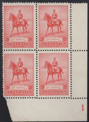1935 Jubilee 2d plate block 1 LRC, mnh tone Cover