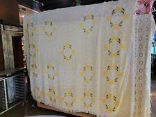 Vintage Chenille Yellow Daisy Flower Bedspread Fringe Edge