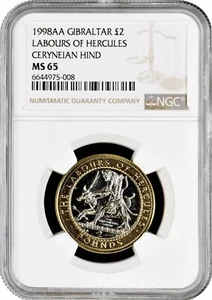 Gibraltar 2 pounds 1998, NGC MS65, "12 Labors of Hercules - Ceryneian Hind" - Picture 1 of 2