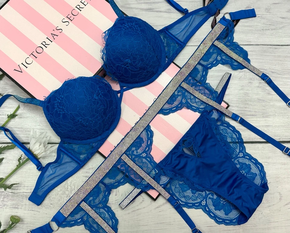 Sutiã Victoria's Secret Shine Strap Bombshell Push Up Biquíni de Liga 3 peças Conjunto Azul - Imagem 1 de 4