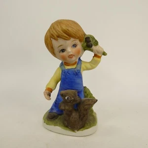 Porcelain Figurine With Boy in overalls and a Squirrel, Vintage 4.25" tall WHJGM - Picture 1 of 13