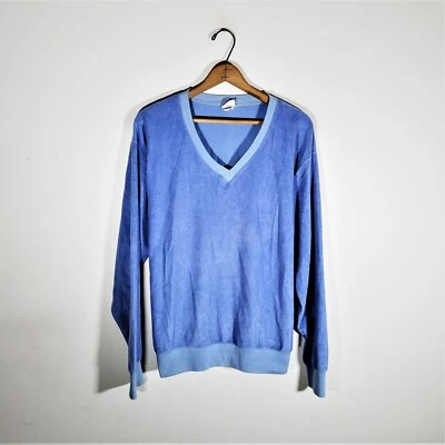 Vintage 60s 70s Blue Velvet Velour Shirt Vtg Retro Disco Surf Hippy Mod USA XL - Image 1 of 4