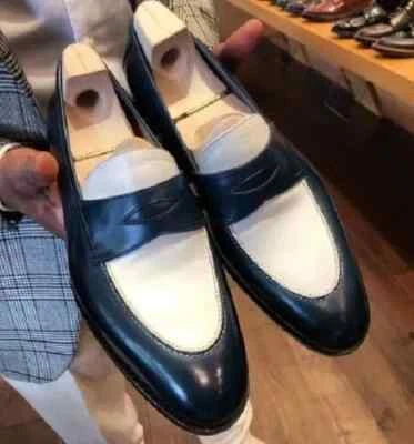 Zapatos mocasines de cuero blanco y negro para hombre, zapatos sin cordones para hombre, zapatos mocasines para hombre Foto 1 de 4