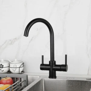 Black Kitchen Sink Faucet Swivel Spout Deck Mounted Dual Handles Mixer Brass Tap - Picture 1 of 13