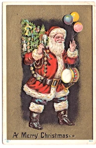 Feliz Navidad Papá Noel con árbol y globos y fondo dorado ~ postal vintage - Imagen 1 de 2