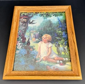 Teatime in Wonderland, Vintage Oak Framed Hy Hintermeister Print, Girl in Garden - Picture 1 of 9