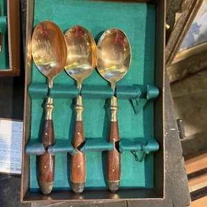 Vintage Lot Flatware Boxed Bronze cutlery Rosewood Thailand - Picture 1 of 5