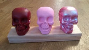 3 pinks/red Plaster SKULLS IN A ROW ON PLINTH 21x6x9.5cm gift Etc - Picture 1 of 7