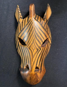African Wooden Zebra Head Mask Painted Hand Carved Hanging Wall Art Decor - Picture 1 of 2