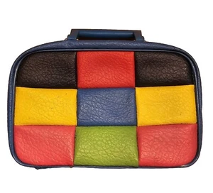 60s Clutch Checkered Patchwork Carry On Leather Bag Zip 10"x7" Rainbow MCM VTG  - Picture 1 of 8