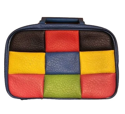 60s Clutch Checkered Patchwork Carry On Leather Bag Zip 10"x7" Rainbow MCM VTG  - Image 1 of 4