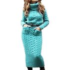 Blue/Green/Grey Chunky Cable Knit Sweater Dress Turtle Roll Neck Bodycon Jumper