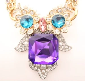 Betsey Johnson necklace Critters owl purple crystal teal ribbon chain goldtone - Picture 1 of 7