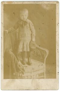 Circa 1870'S Cabinet Card Adorable Child Standing on Chair in Studio Holding Hat