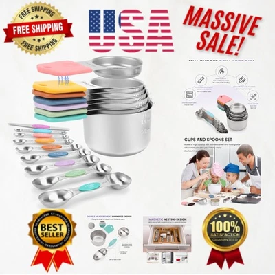Heavy-Duty Magnetic Measuring Cups & Spoons Set with Double Markings - 16 Pieces - Image 1 of 4