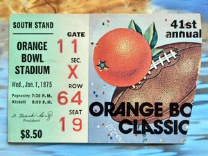 Boleto de fútbol americano Orange Bowl 1975. Alabama vs Notre Dame. Paul "Bear" Bryant - Imagen 1 de 3