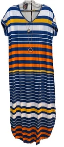 NWT LuLaRoe Medium Blue Rust Gold Gray Striped Long Macy Maxi Dress - Picture 1 of 8