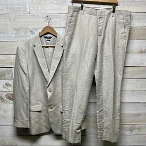 Perry Ellis 2 Piece Suit Set Men 44R 36x30 Beige Linen Blend Flat Straight Pants - Picture 1 of 17