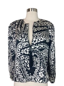 Vintage Valentino Night Top Silk 8 Black White Floral Textured Tasseled Half Zip - Picture 1 of 12